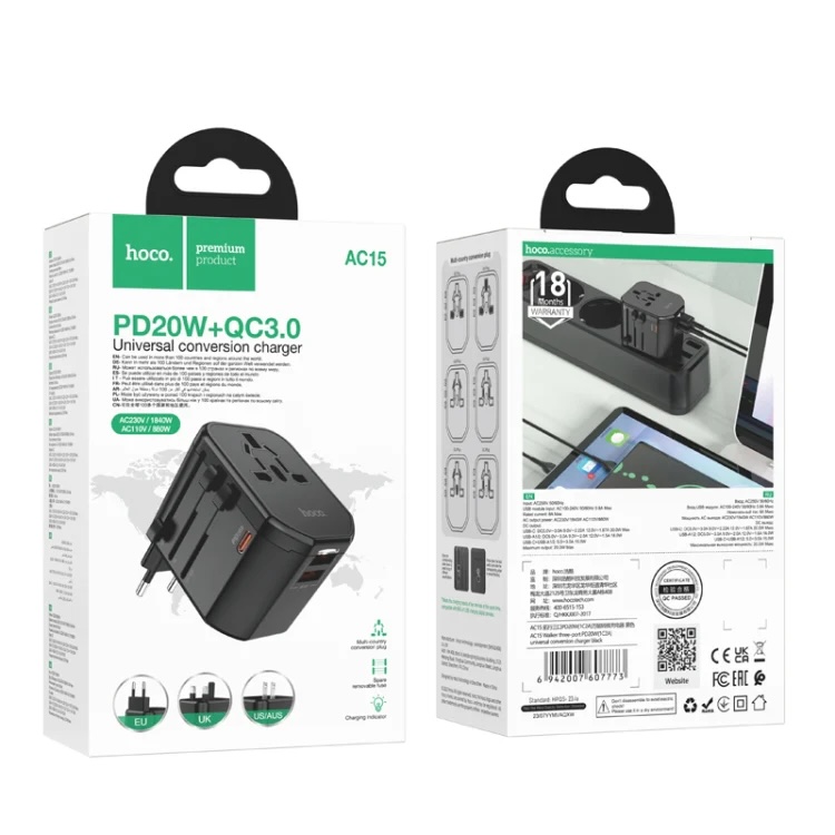 Hoco AC15 PD20W + QC3.0 Universal Travel Adapter & Fast Charger
